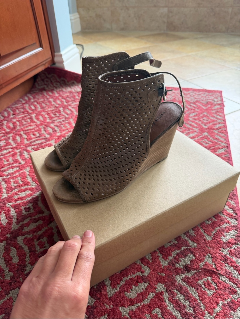 Lucky Brand Perforated Taupe Wedge Sandals